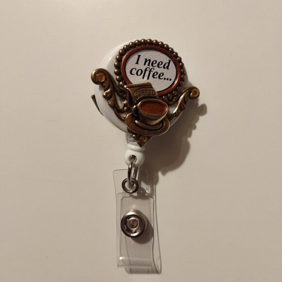 "I Need Coffee" Retractable Badge Reel With Clip & Clear Strap For ID Cards - Picture 1 of 3